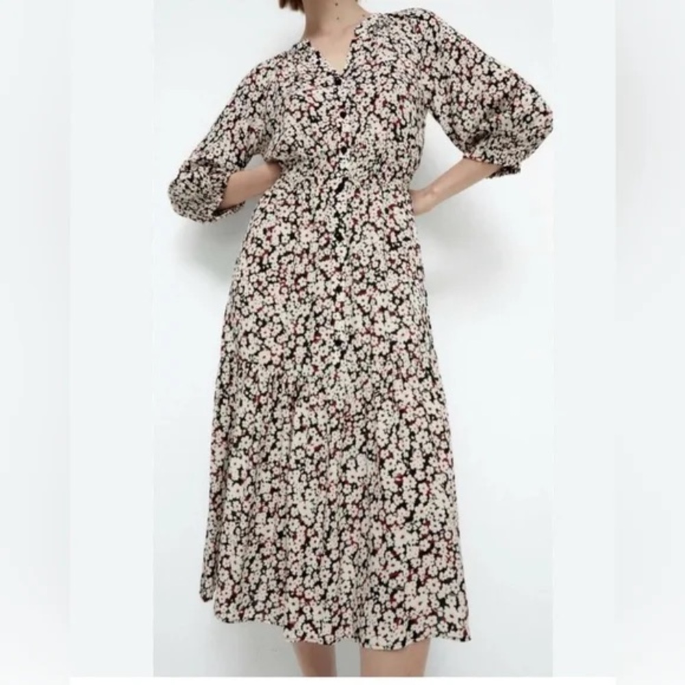 Zara Cream Floral Smocked Midi Dress with Black and Red Accents